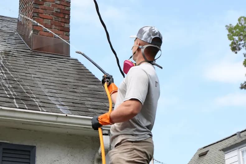Bay Village Power Washing professional performing gentle roof washing service in Bay Village