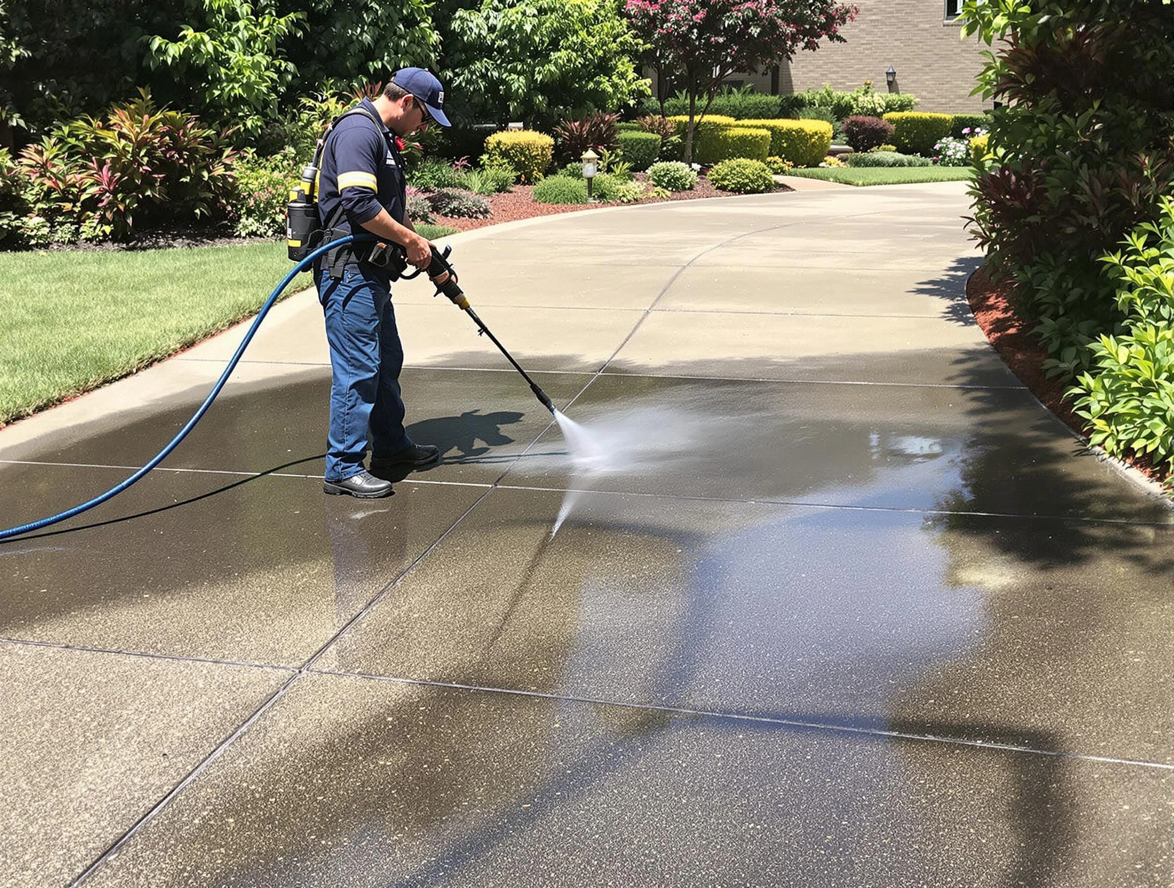 Experienced Bay Village Power Washing team member pressure washing a driveway in Bay Village